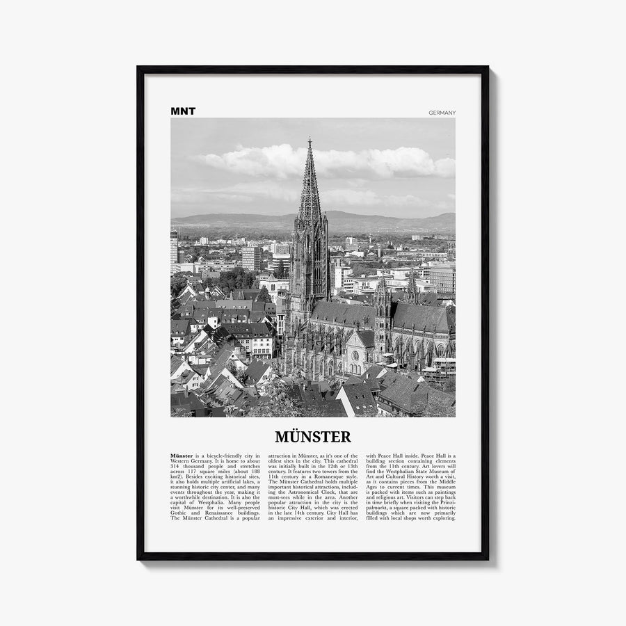 Münster black & white newspaper poster of Germany – vertical wall art, unframed print shown in interior mockup