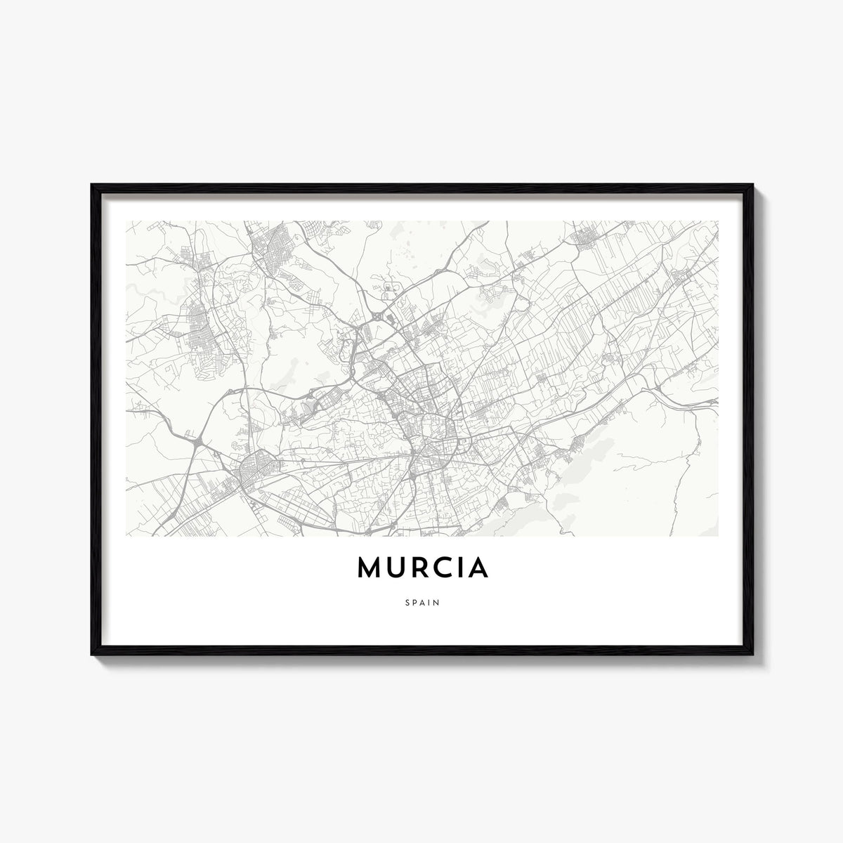 Murcia black & white map poster of Spain – horizontal wall art, unframed print shown in interior mockup