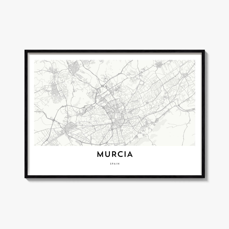 Murcia black & white map poster of Spain – horizontal wall art, unframed print shown in interior mockup