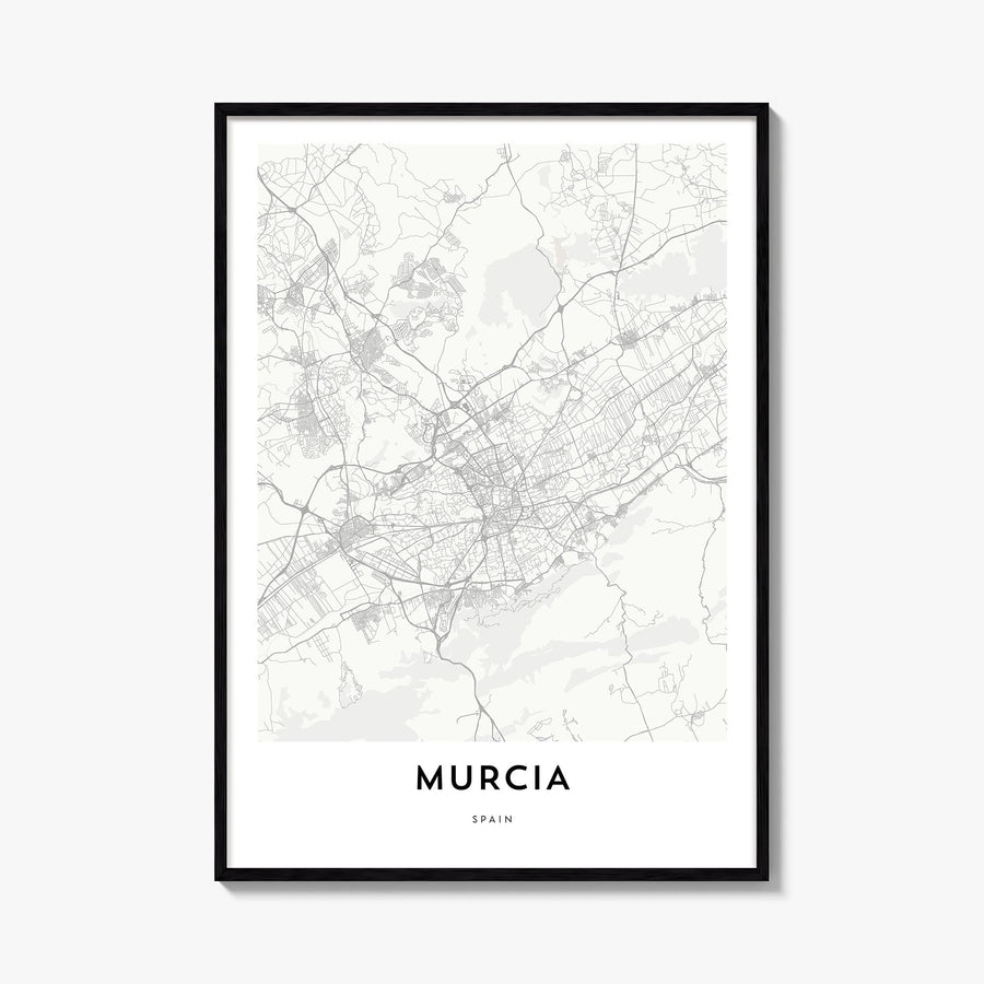 Murcia black & white map poster of Spain – vertical wall art, unframed print shown in interior mockup