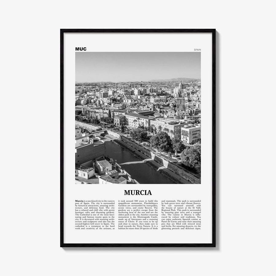 Murcia black & white newspaper poster of Spain – vertical wall art, unframed print shown in interior mockup