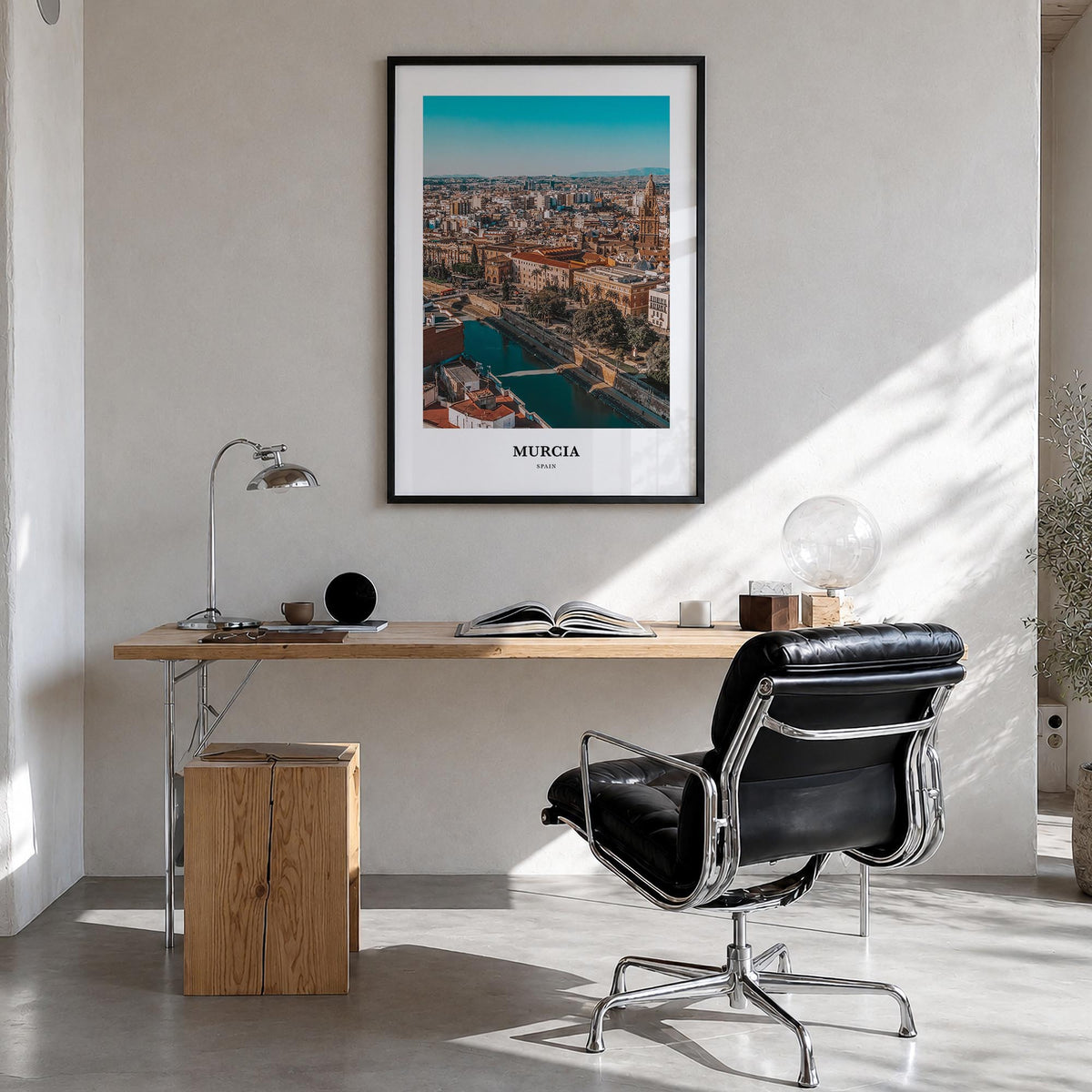 Murcia colorful classic poster of Spain – vertical wall art in black wood frame, hanging on wall