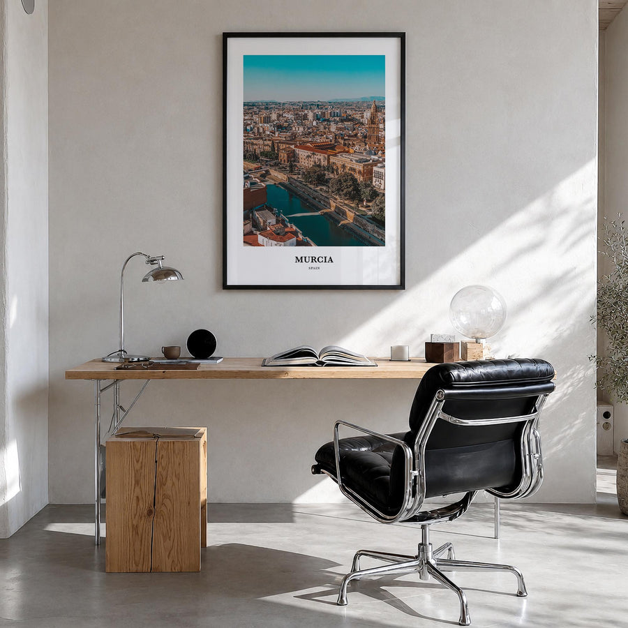 Murcia colorful classic poster of Spain – vertical wall art in black wood frame, hanging on wall
