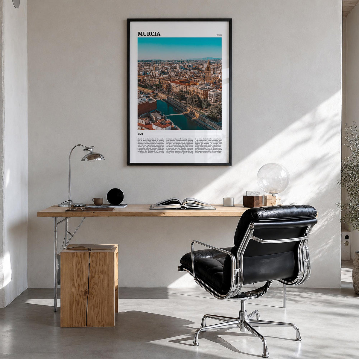 Murcia colorful travel poster of Spain – vertical wall art in black wood frame, hanging on wall