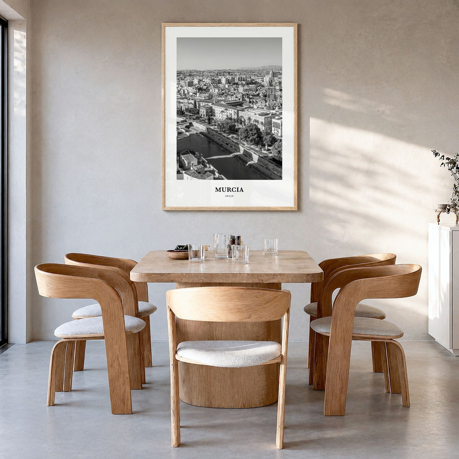 Murcia Classic Poster in a natural wood frame, hanging in a dining room