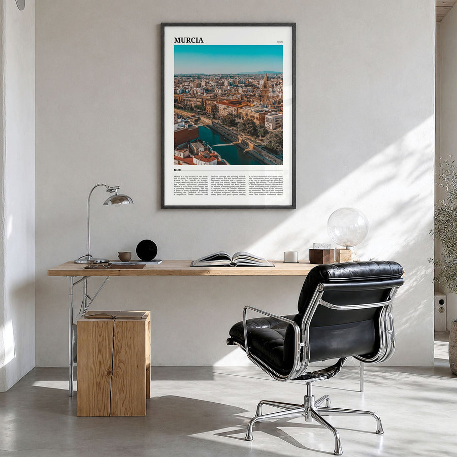 Murcia Travel Poster in a black wood frame, hanging in a bright home office