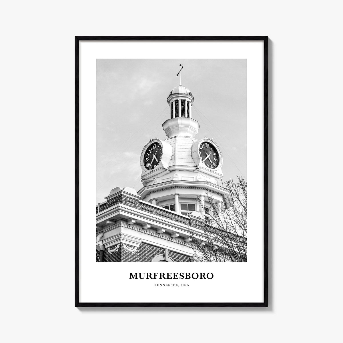 Murfreesboro black & white classic poster of Tennessee, USA – vertical wall art, unframed print shown in interior mockup