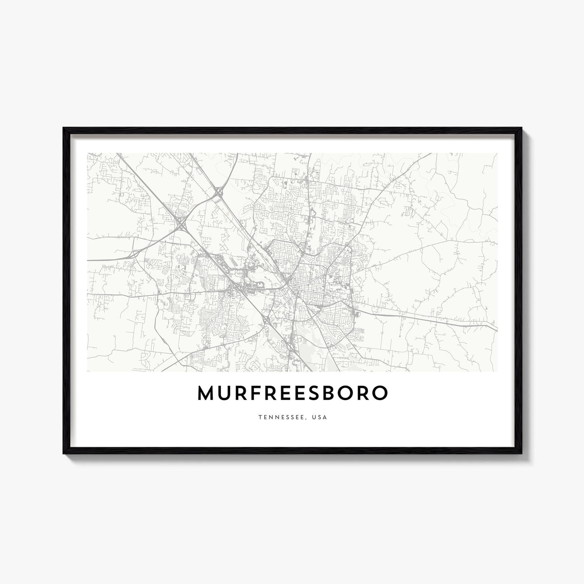 Murfreesboro black & white map poster of Tennessee, USA – horizontal wall art, unframed print shown in interior mockup