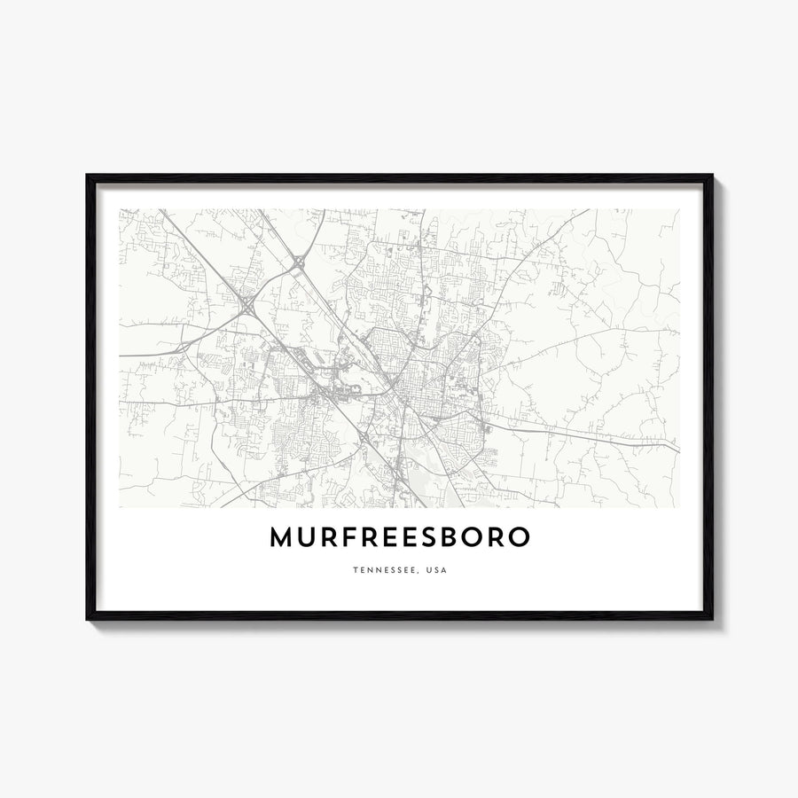 Murfreesboro black & white map poster of Tennessee, USA – horizontal wall art, unframed print shown in interior mockup