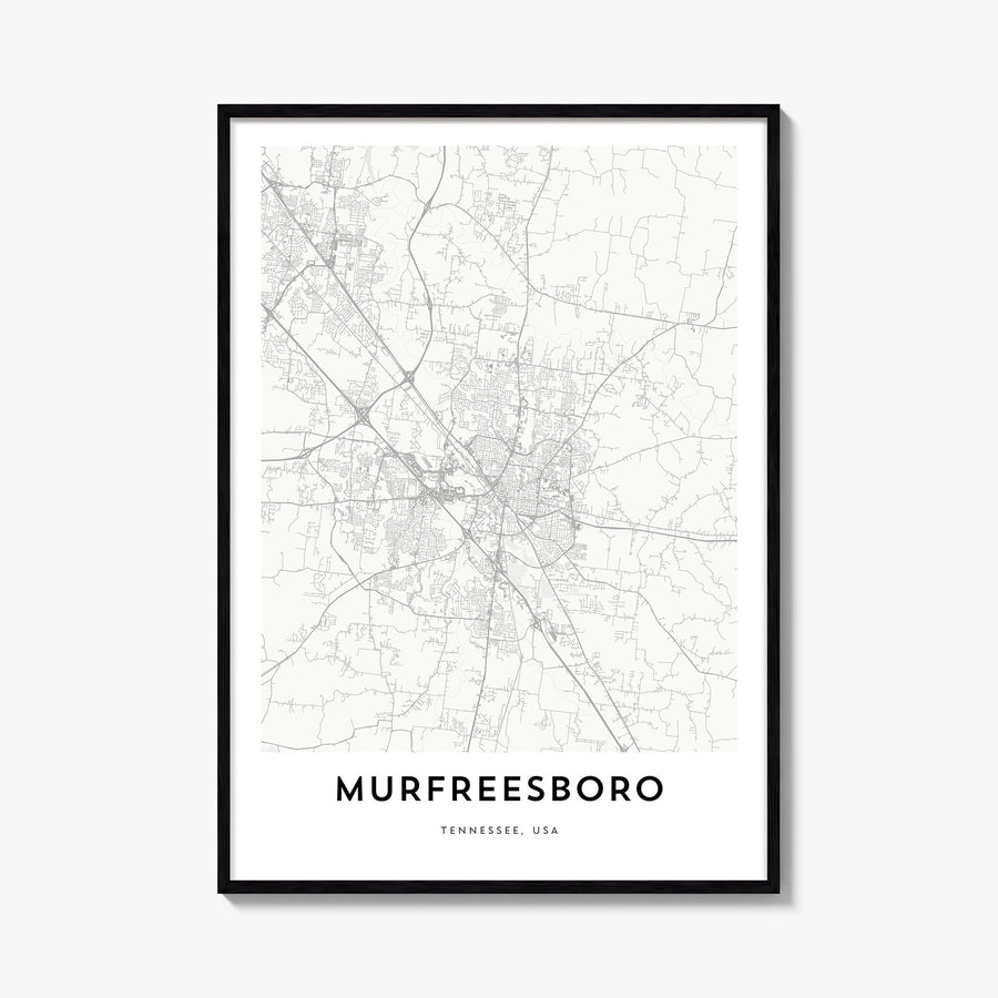Murfreesboro black & white map poster of Tennessee, USA – vertical wall art, unframed print shown in interior mockup