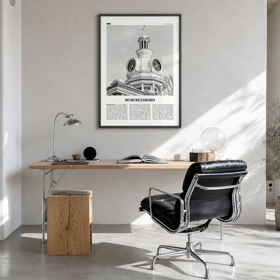 Murfreesboro Newspaper Poster in a black wood frame, hanging in a bright home office