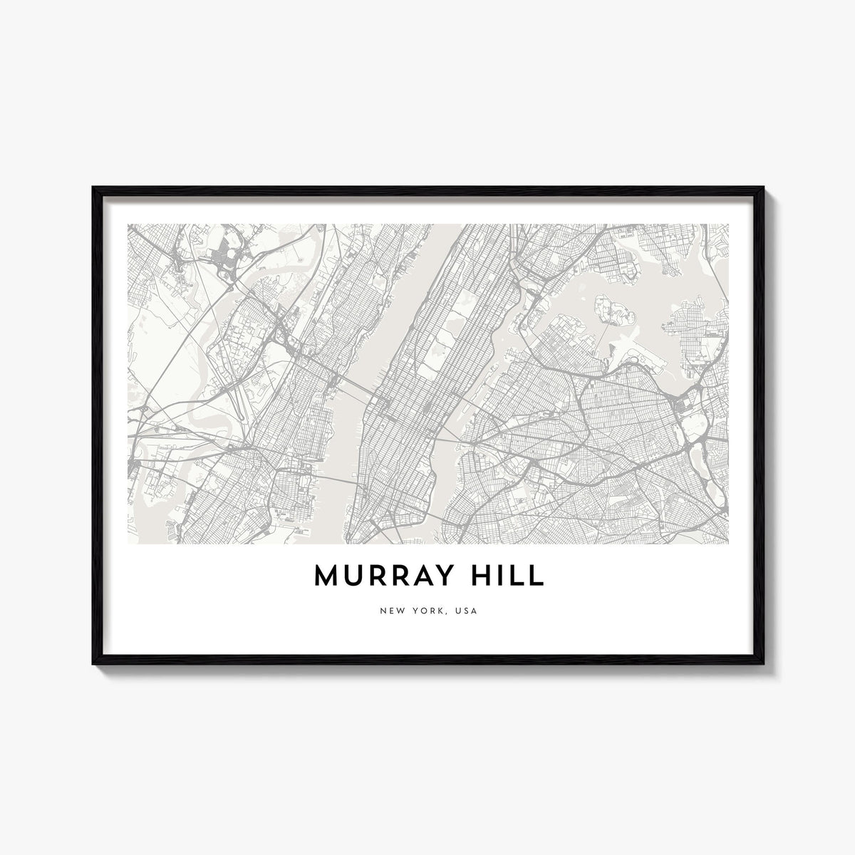 Murray Hill black & white map poster of Manhattan, New York City – horizontal wall art, unframed print shown in interior mock