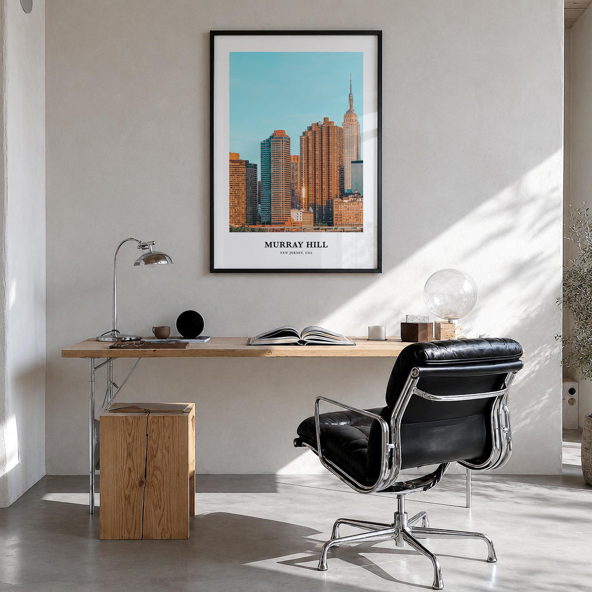 Murray Hill colorful classic poster of Manhattan, New York City – vertical wall art in black wood frame, hanging on wall