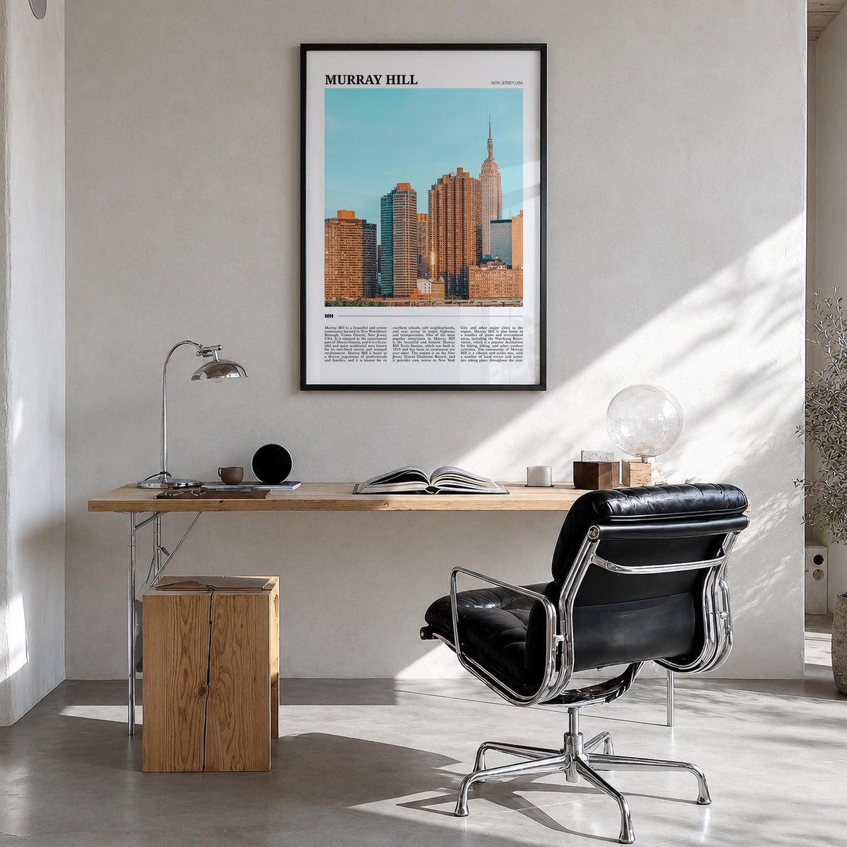 Murray Hill colorful travel poster of Manhattan, New York City – vertical wall art in black wood frame, hanging on wall