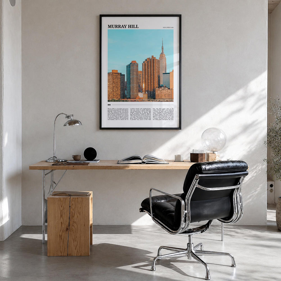 Murray Hill colorful travel poster of Manhattan, New York City – vertical wall art in black wood frame, hanging on wall