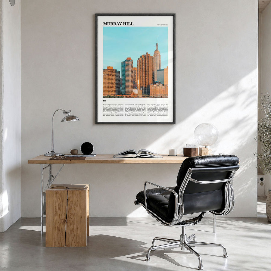 Murray Hill Travel Poster in a black wood frame, hanging in a bright home office