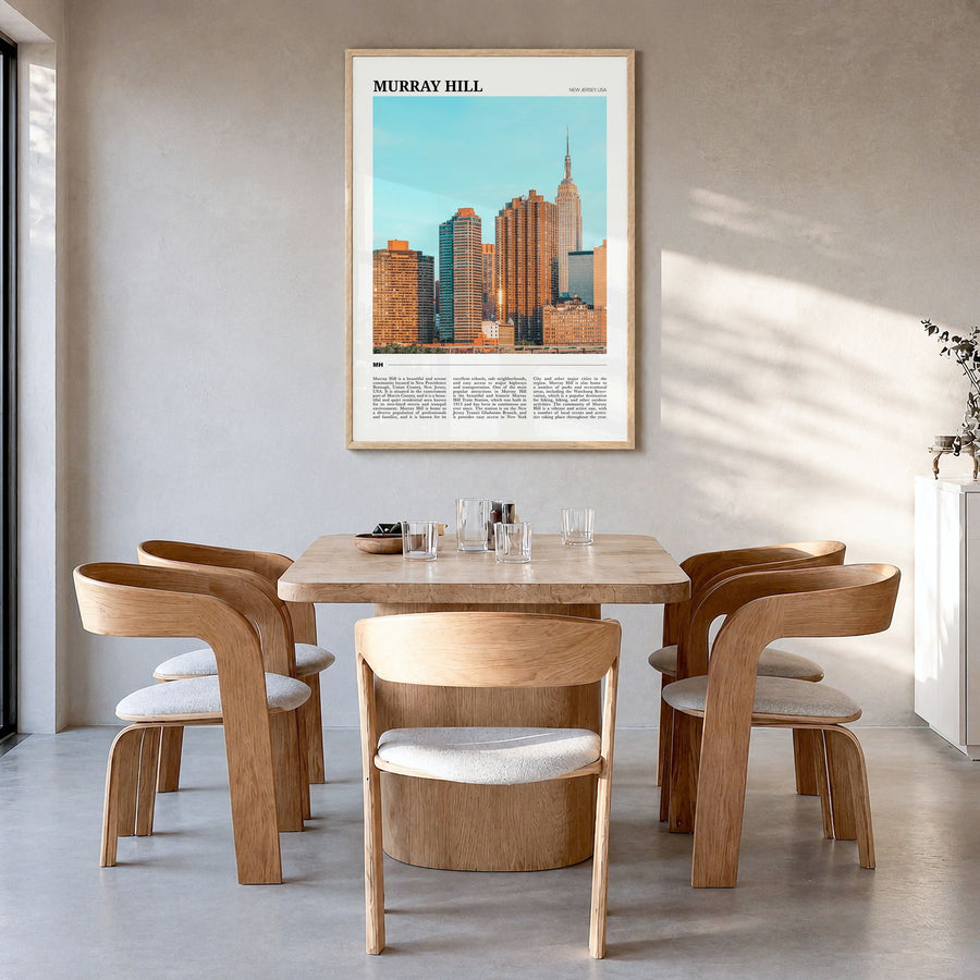 Murray Hill Travel Poster in a natural wood frame, hanging in a dining room