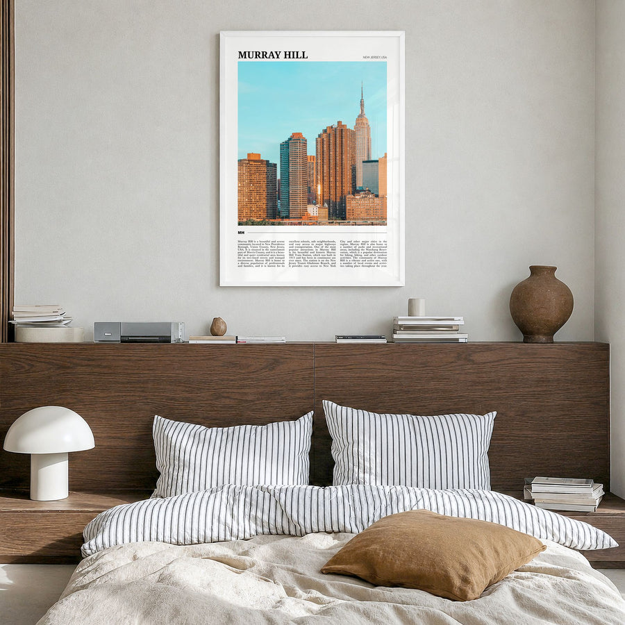 Murray Hill Travel Poster in a white wood frame, hanging in a bedroom
