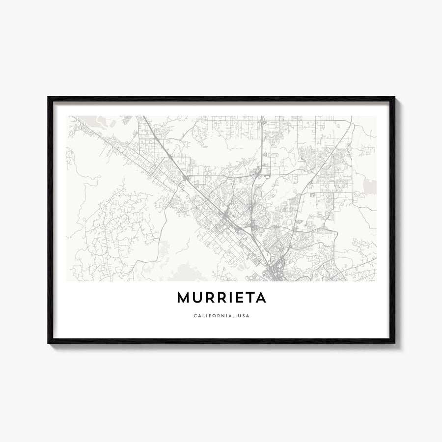 Murrieta black & white map poster of California, USA – horizontal wall art, unframed print shown in interior mockup