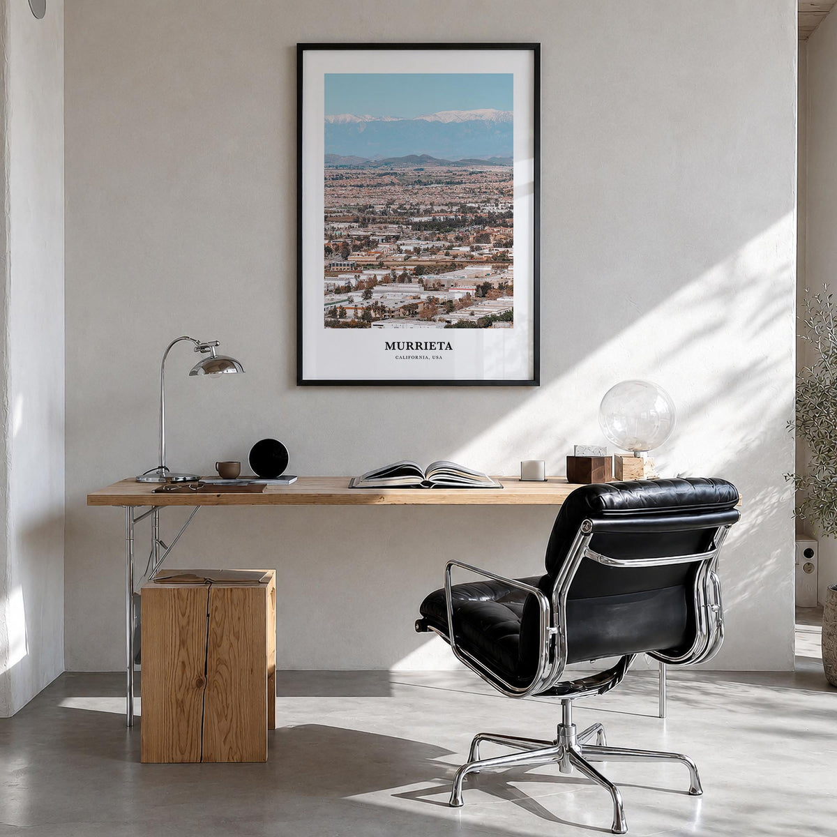 Murrieta colorful classic poster of California, USA – vertical wall art in black wood frame, hanging on wall
