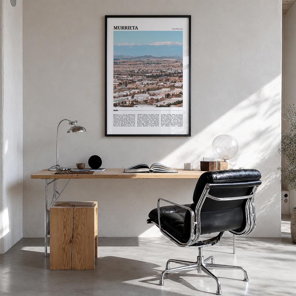 Murrieta colorful travel poster of California, USA – vertical wall art in black wood frame, hanging on wall