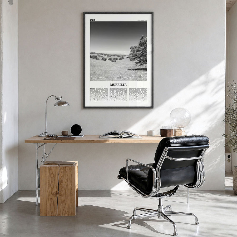 Murrieta Newspaper No 1 Poster in a black wood frame, hanging in a bright home office