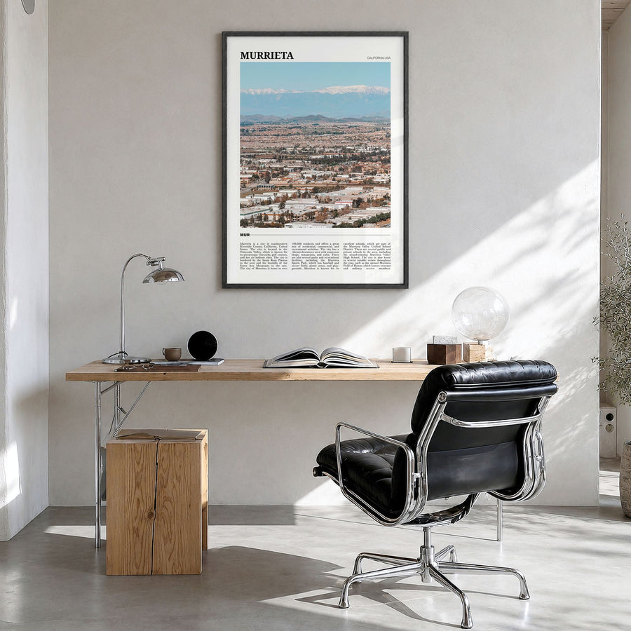 Murrieta Travel Poster in a black wood frame, hanging in a bright home office