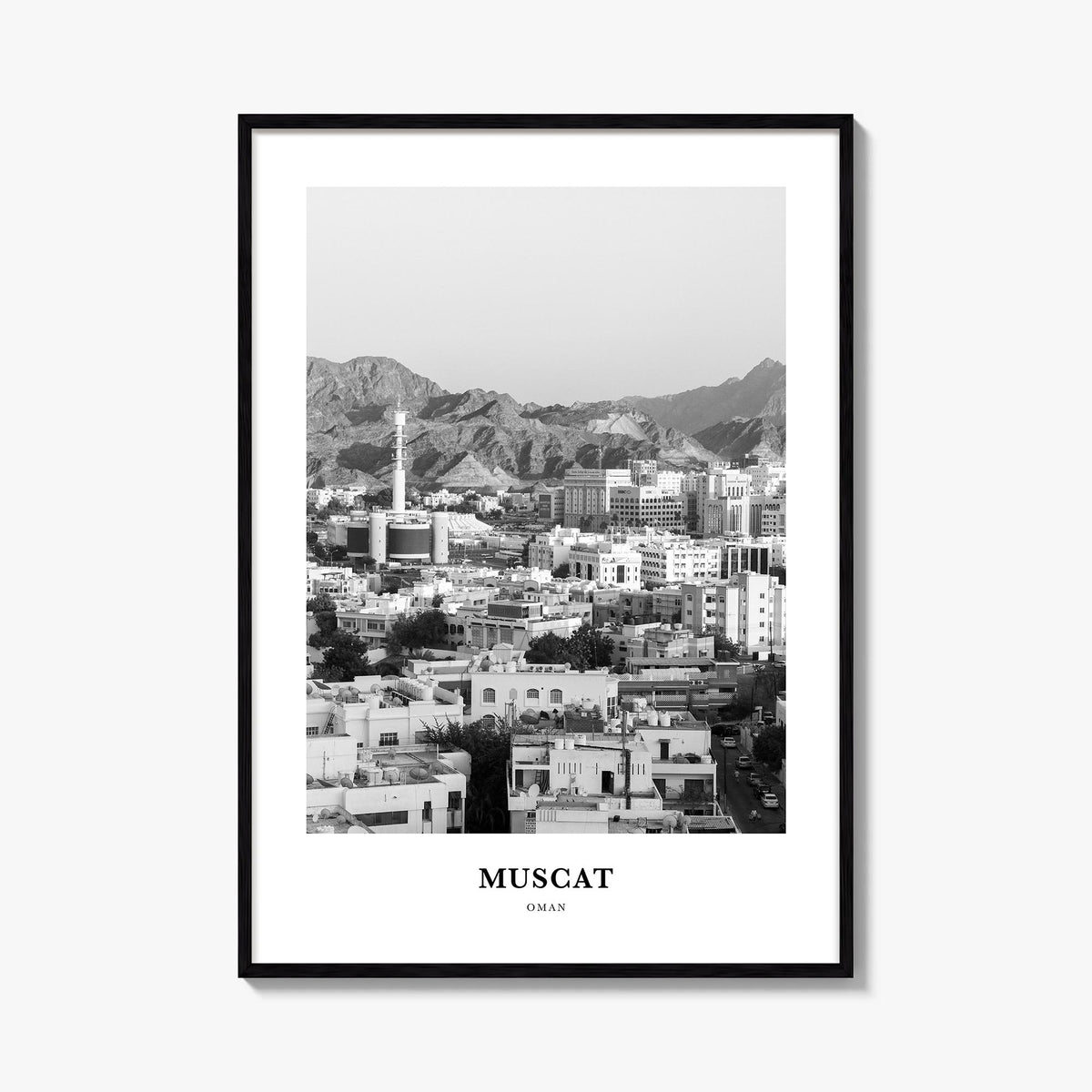 Muscat black & white classic poster of Oman – vertical wall art, unframed print shown in interior mockup