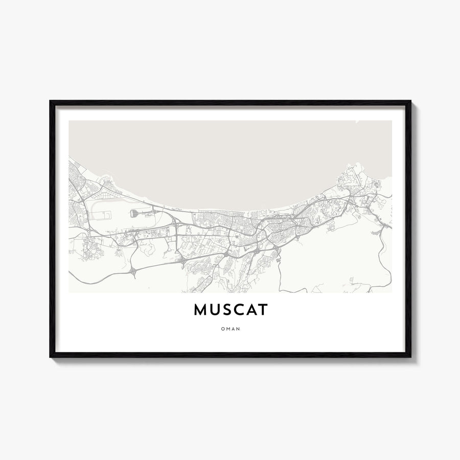 Muscat black & white map poster of Oman – horizontal wall art, unframed print shown in interior mockup
