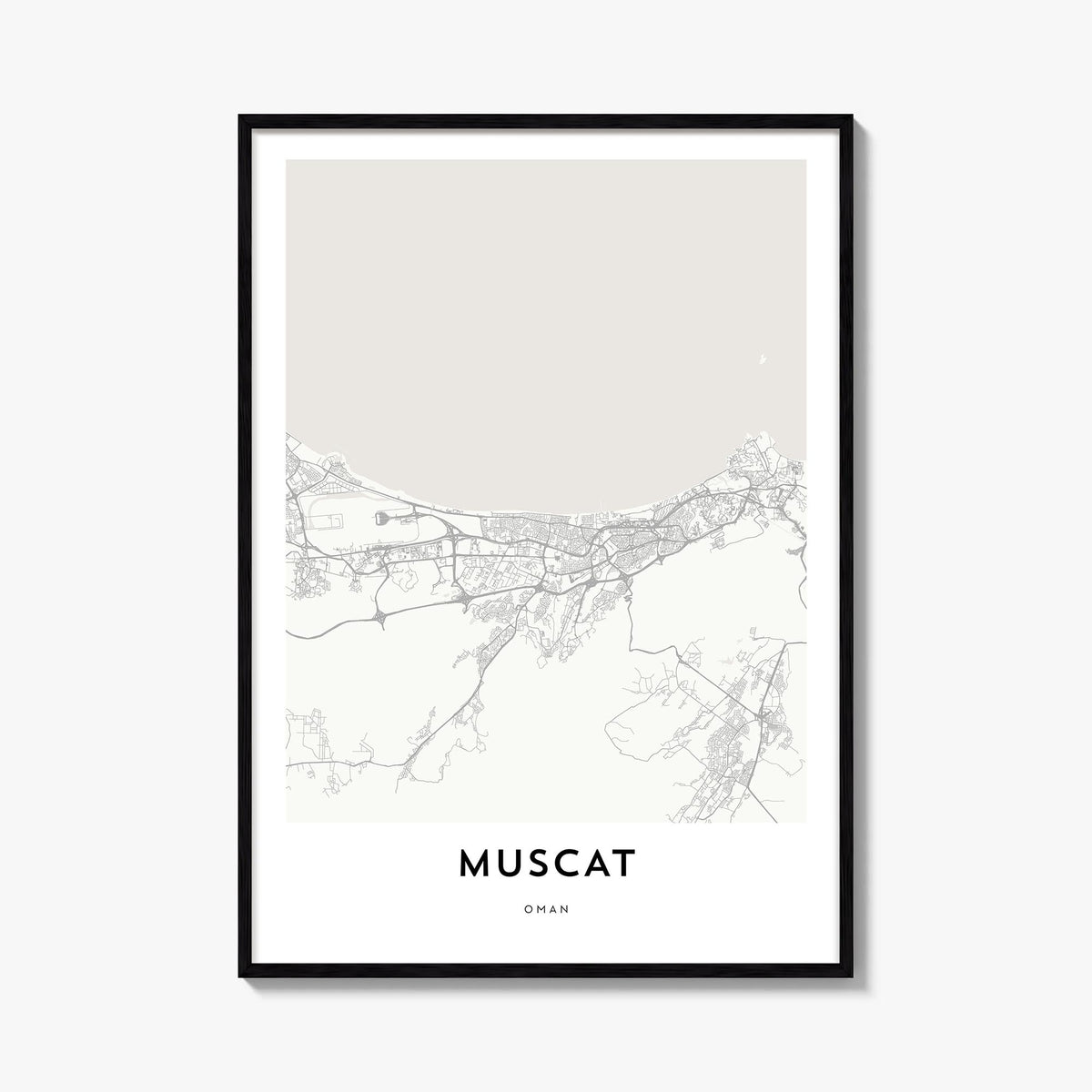 Muscat black & white map poster of Oman – vertical wall art, unframed print shown in interior mockup
