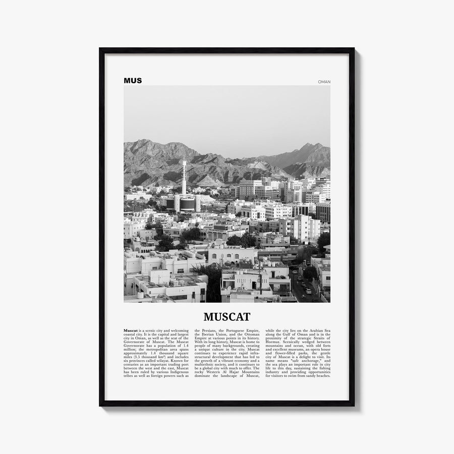 Muscat black & white newspaper poster of Oman – vertical wall art, unframed print shown in interior mockup