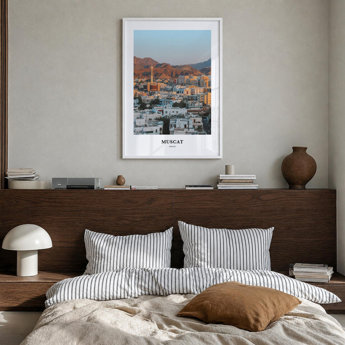 Muscat colorful classic poster of Oman – vertical wall art in white wood frame, hanging on wall