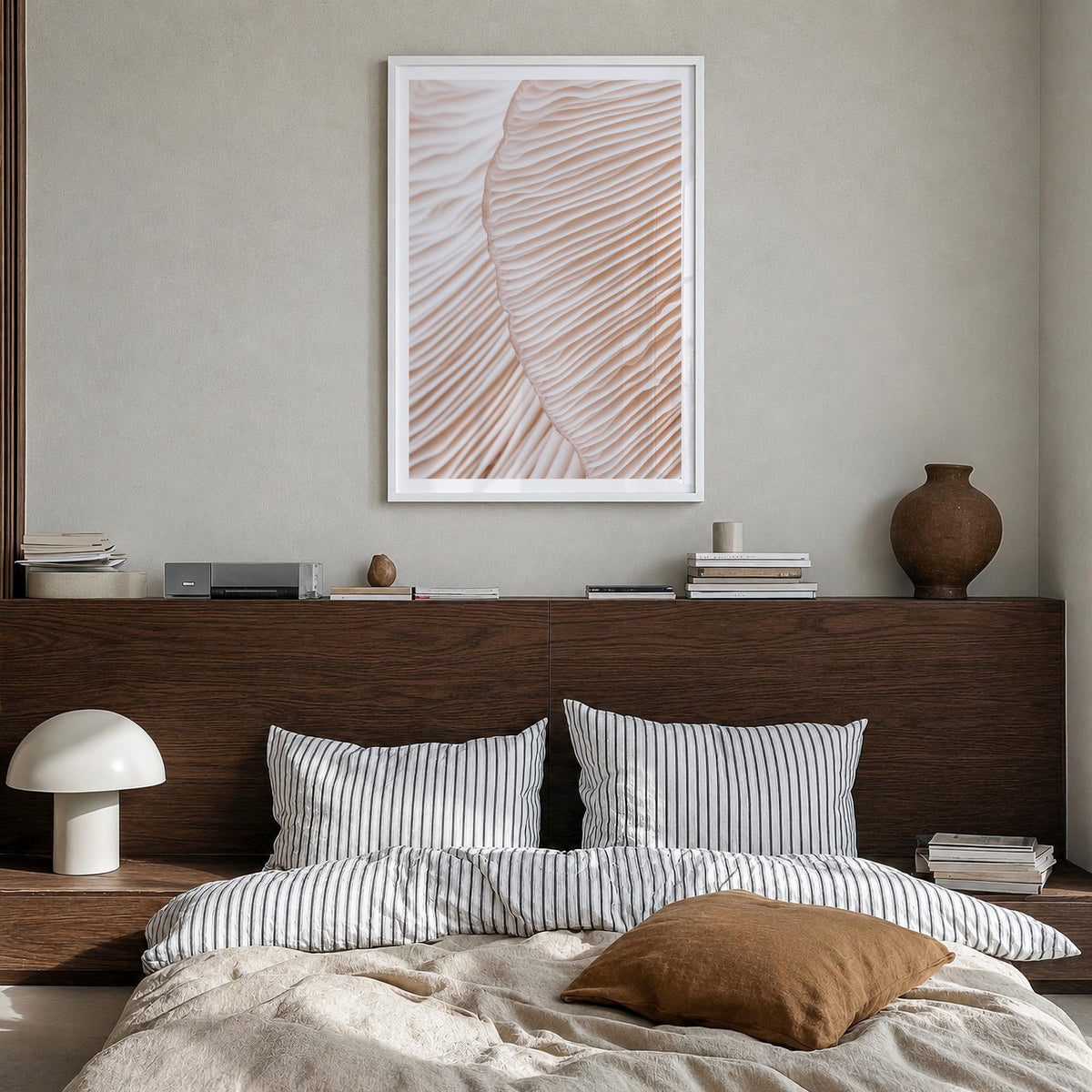 Mushroom Closeup colorful photo poster – vertical wall art in white wood frame with white border, hanging on wall