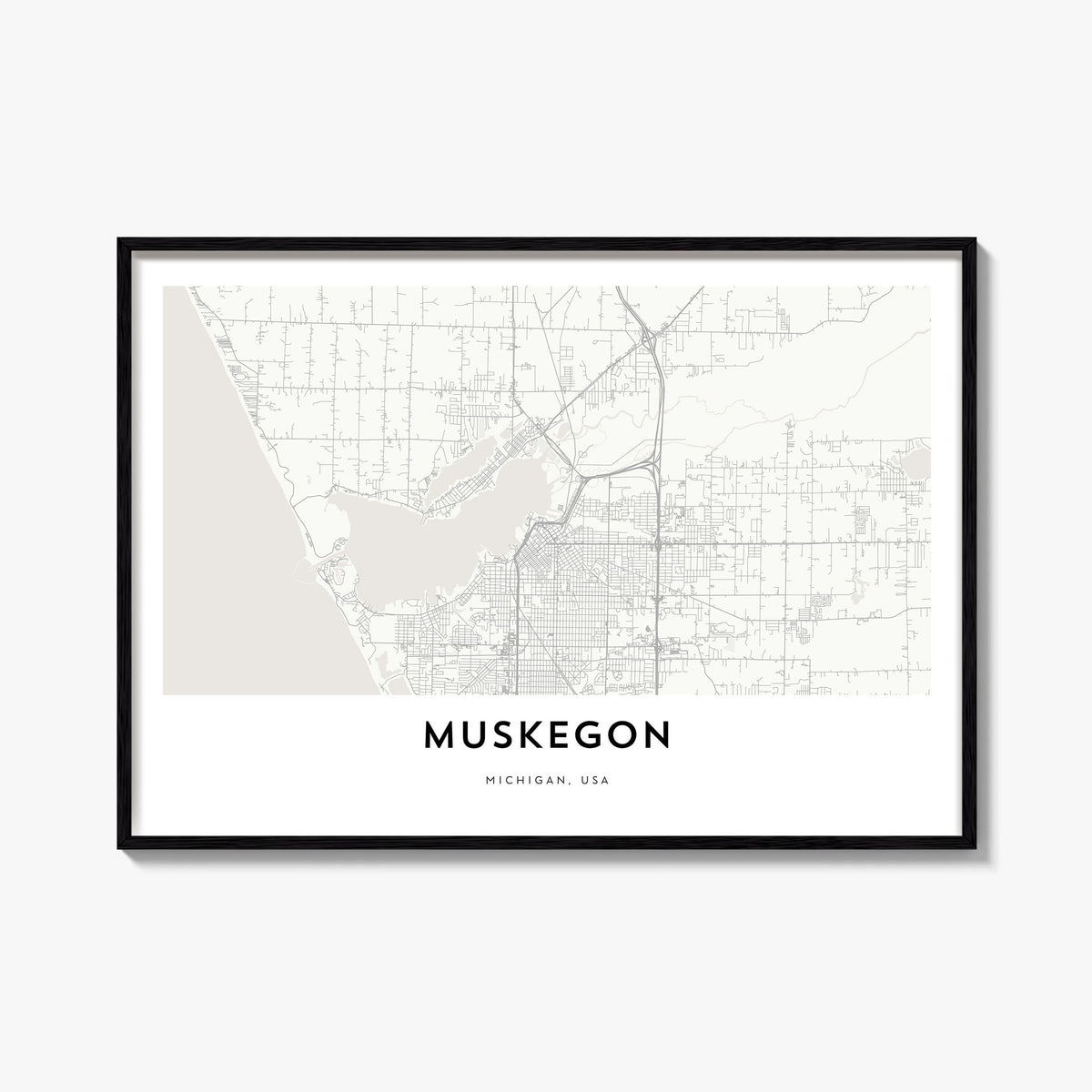 Muskegon black & white map poster of Michigan, USA – horizontal wall art, unframed print shown in interior mockup