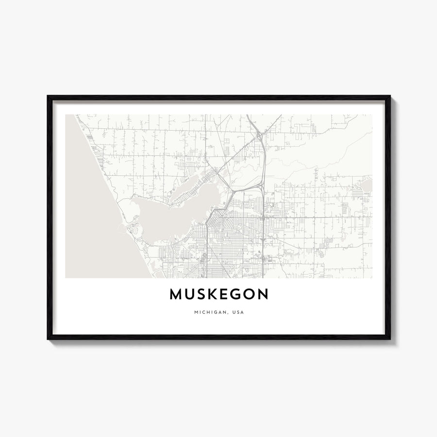 Muskegon black & white map poster of Michigan, USA – horizontal wall art, unframed print shown in interior mockup