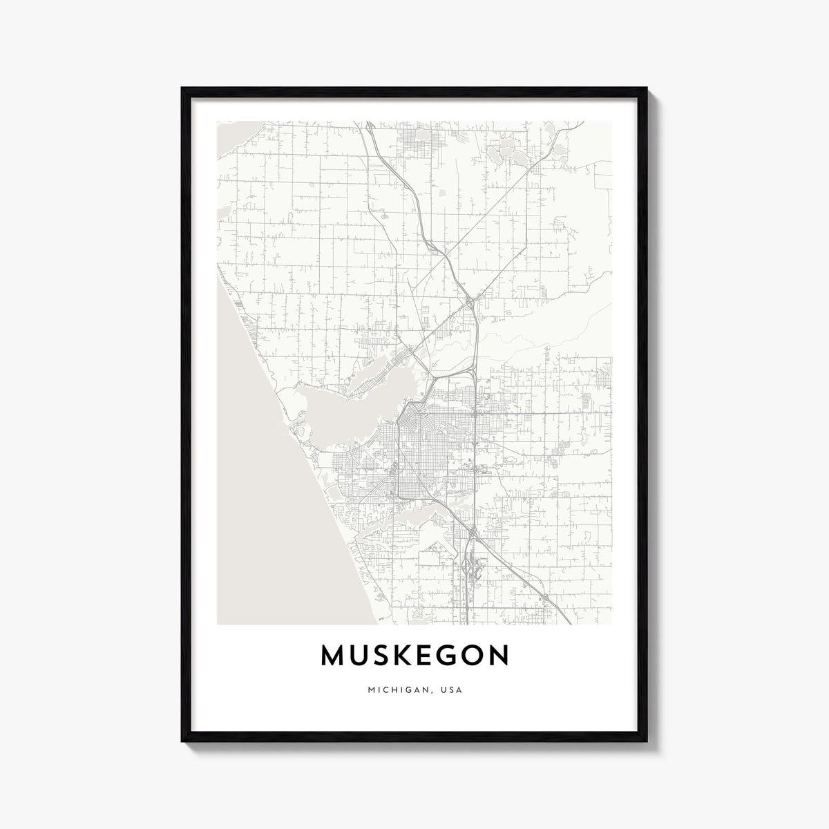 Muskegon black & white map poster of Michigan, USA – vertical wall art, unframed print shown in interior mockup