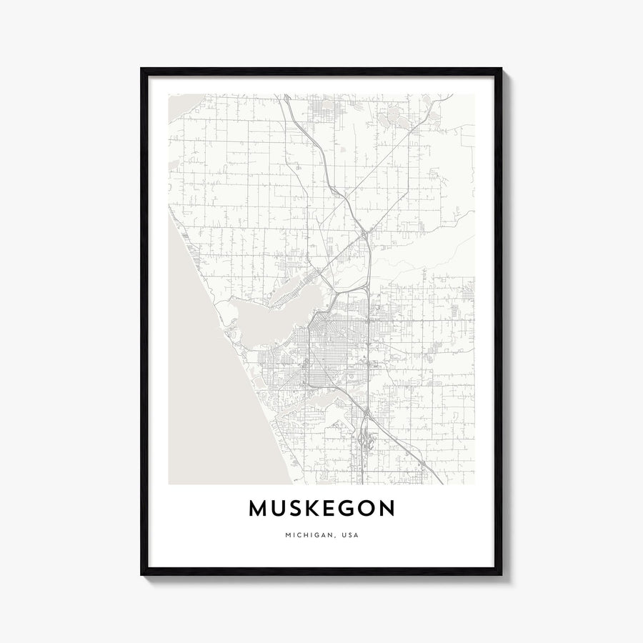 Muskegon black & white map poster of Michigan, USA – vertical wall art, unframed print shown in interior mockup