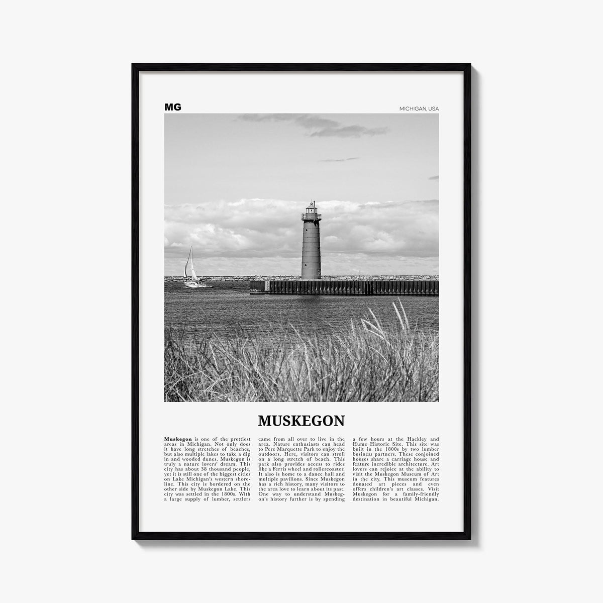 Muskegon black & white newspaper poster of Michigan, USA – vertical wall art, unframed print shown in interior mockup