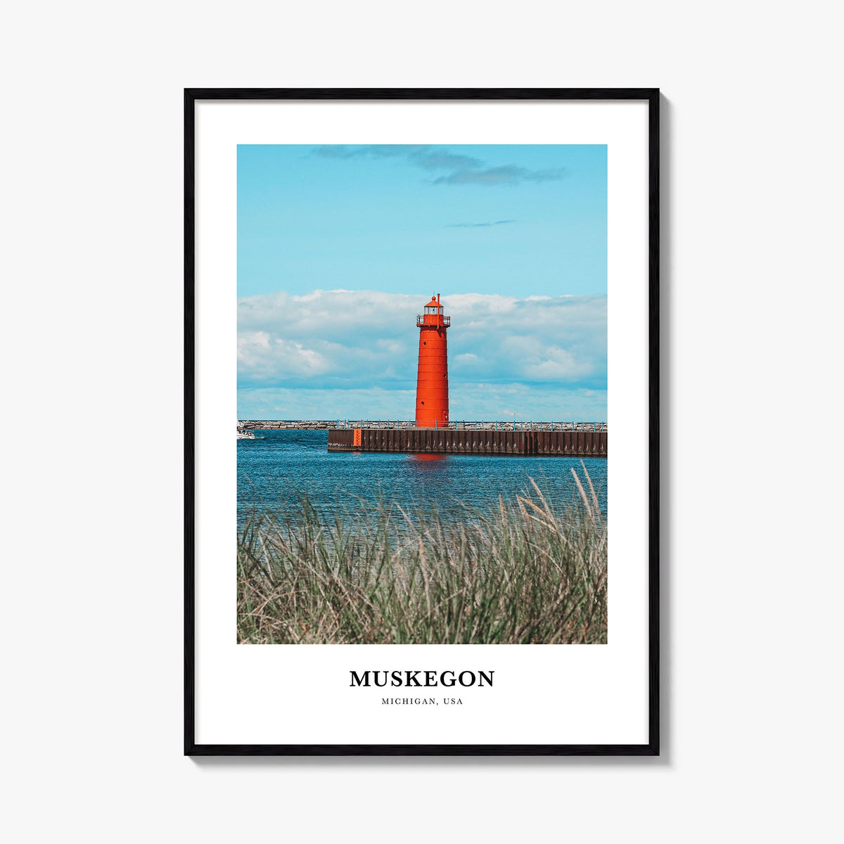 Muskegon colorful classic poster of Michigan, USA – vertical wall art, unframed print shown in interior mockup