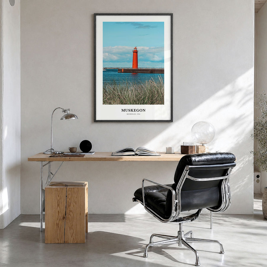 Muskegon Classic Poster in a black wood frame, hanging in a bright home office