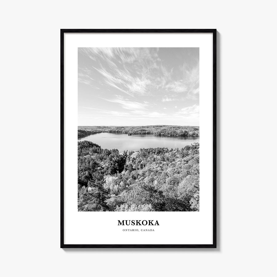 Muskoka black & white classic poster of Ontario, Canada – vertical wall art, unframed print shown in interior mockup