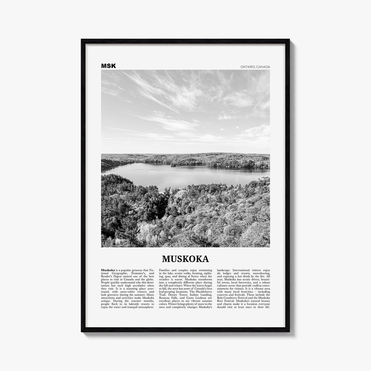 Muskoka black & white newspaper poster of Ontario, Canada – vertical wall art, unframed print shown in interior mockup