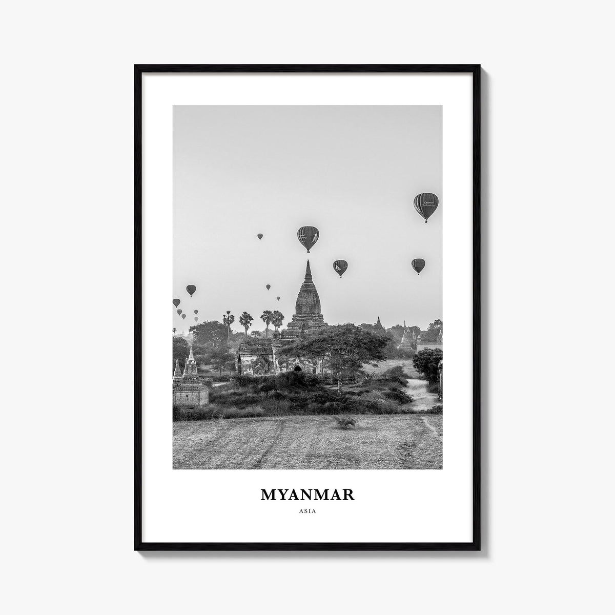 Myanmar black & white classic poster of Asia – vertical wall art, unframed print shown in interior mockup