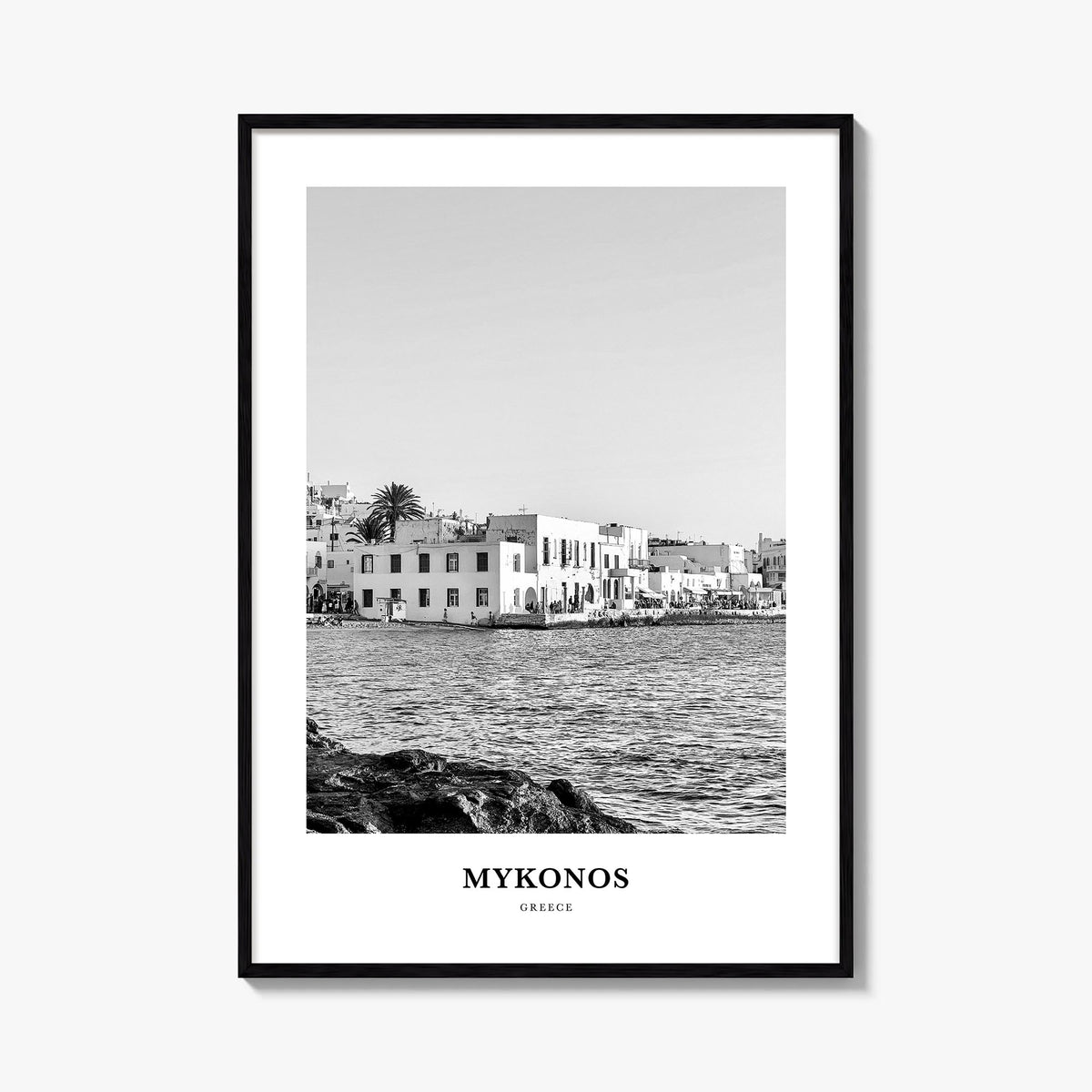 Mykonos black & white classic poster of Greece – vertical wall art, unframed print shown in interior mockup