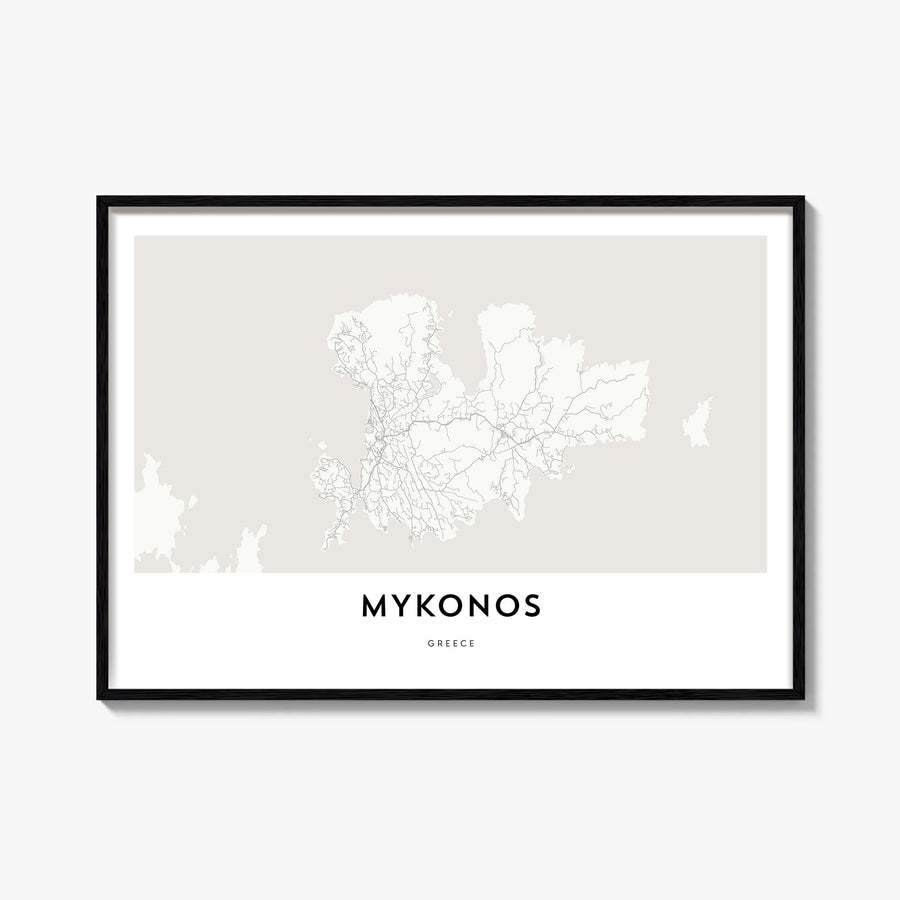 Mykonos black & white map poster of Greece – horizontal wall art, unframed print shown in interior mockup