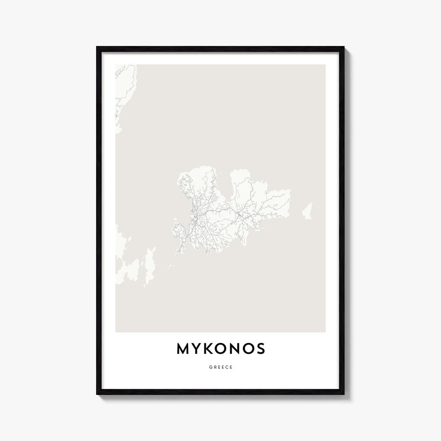 Mykonos black & white map poster of Greece – vertical wall art, unframed print shown in interior mockup