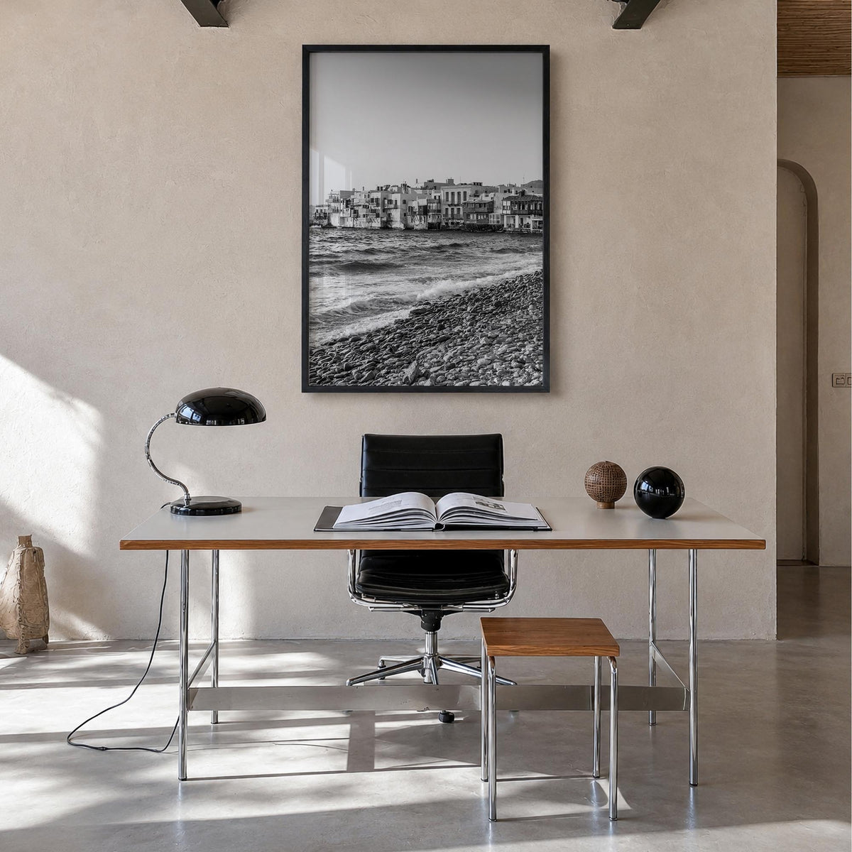 Mykonos black & white photo poster of Greece – vertical wall art in black wood frame, hanging on wall
