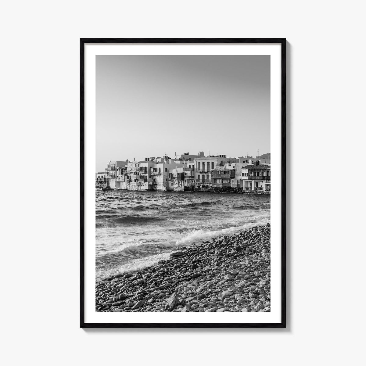Mykonos black & white photo poster of Greece – vertical wall art, unframed print shown in interior mockup