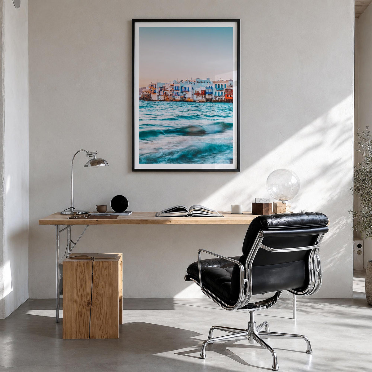 Mykonos colorful photo poster of Greece – vertical wall art in black wood frame with white border, hanging on wall