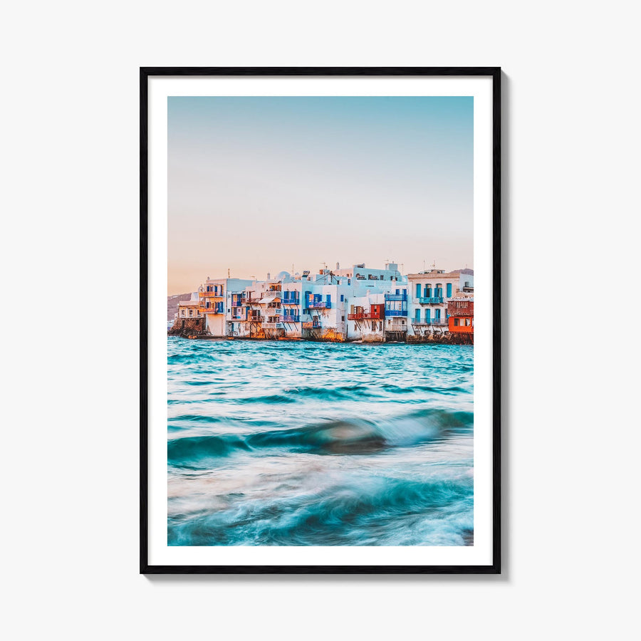 Mykonos colorful photo poster of Greece – vertical wall art, unframed print shown in interior mockup